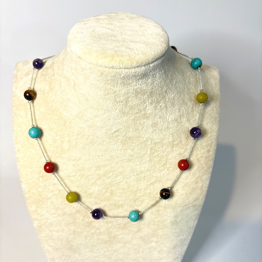Multi Color Gemstone Station Necklace Silver Tone Boho Beaded Jewelry 18-21 Inch